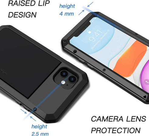 Lanhiem iPhone 11 Metal Case, Heavy Duty Shockproof Rugged Case with Built-in Glass Screen Protector, Black