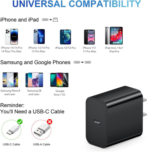iPhone and iPad 20W Super Fast Charger PD USB C Wall Charger with 6FT Fast Charging Cable for iPhone 14/14 Pro