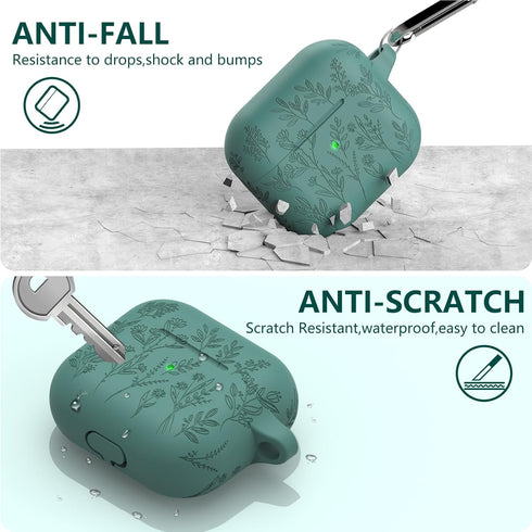 Flower Engraved Airpod Case for 3rd Generation with Cleaner Kit, Keychain, Silicone Cover for Women, Pine Green