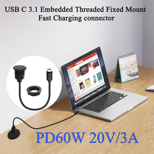 QIANRENON 10Gbps USB C 3.1 Fixed Mount Connector Short Cable PD 60W USB Type C Male to Female Adapter