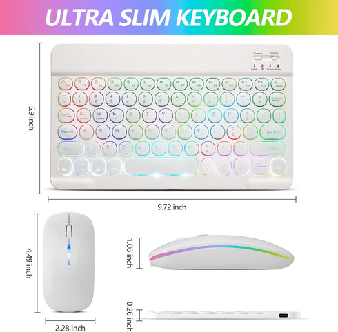 Ultra-Slim Bluetooth Keyboard and Mouse, Portable Mini Wireless Keyboard Rechargeable with 7-Color Backlit for iPad,