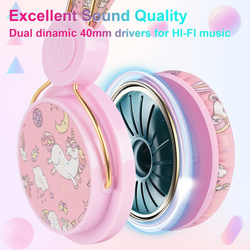 QearFun Unicorn Headphones for Kids - Wired, Noise Cancelling, Adjustable, with Microphone & 3.5mm Jack for