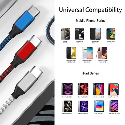 USB C to USB C Cable Nylon Braided 60W 3/3/6/6/10 FT Fast Charging Cable for iPhone 15/15 Plus/15 Pro Max, MacBook Pro