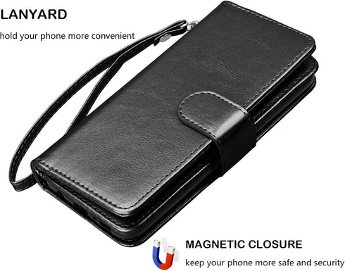 NJJEX Wallet Case for iPhone XR - PU Leather with 9 Card Slots, Detachable Kickstand, Magnetic Cover (Black)