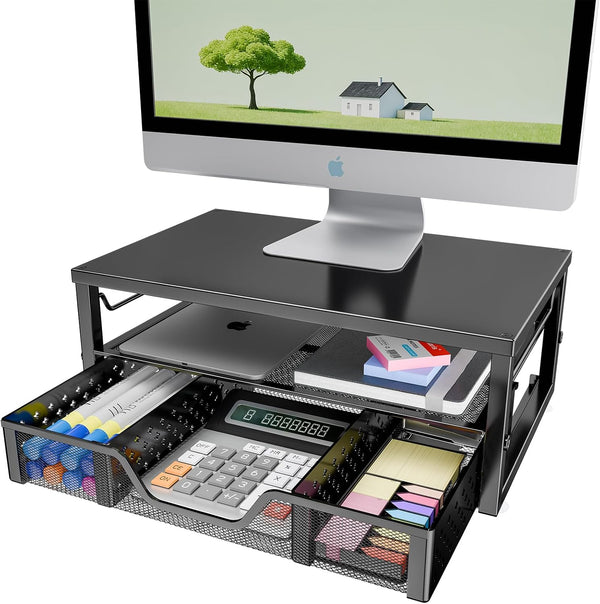 Simple Trending 2-Tier Computer Monitor Stand Riser with Drawer, Desk Organizer for