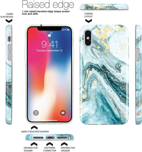 JIAXIUFEN Compatible iPhone X iPhone Xs Case, Gold Sparkle Glitter Blue Marble Slim Shockproof Cover