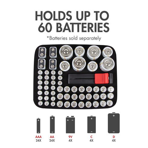 Tenergy Battery Organizer Storage Case with Tester, Holds 60 Batteries AA AAA C D 9V (Batteries Not Included)