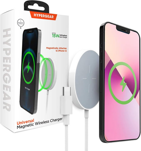 HyperGear Magnetic Fast Wireless Charger - Portable MagSafe Charging Pad for iPhone Series & Qi-Enabled Devices - White