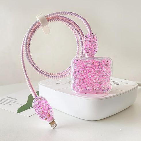 Luxury Cable Protector for iPhone Charger, Clear Wave Edge Glitter Design, USB Case Wire Saver for iPhone XR 8 11 12 13