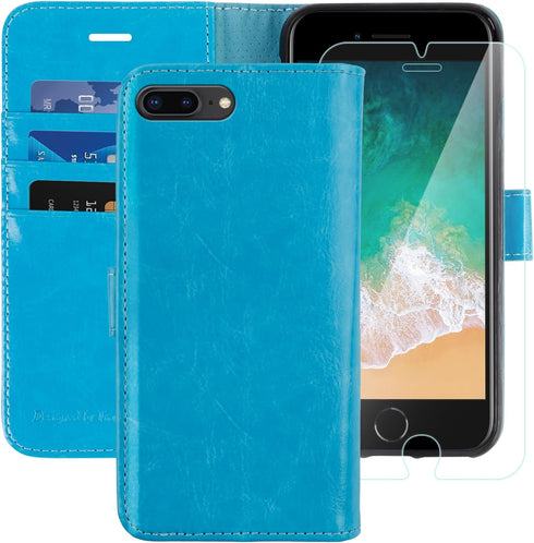 MONASAY Wallet Case for iPhone 8 Plus, iPhone 7 Plus, Light Blue Flip Folio Leather Cover with Credit Card Holder &