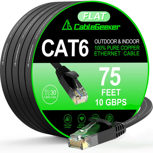 Cat 6 Ethernet Cable 75 ft, Indoor & Outdoor, High Speed 10Gbps Flat Internet Network Cable with Clips & Straps - Black