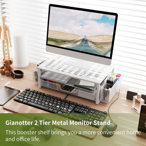 gianotter White Monitor Stand Riser, Desk Organizer with Drawer and Pen Holder, 2-Tier Computer Stand