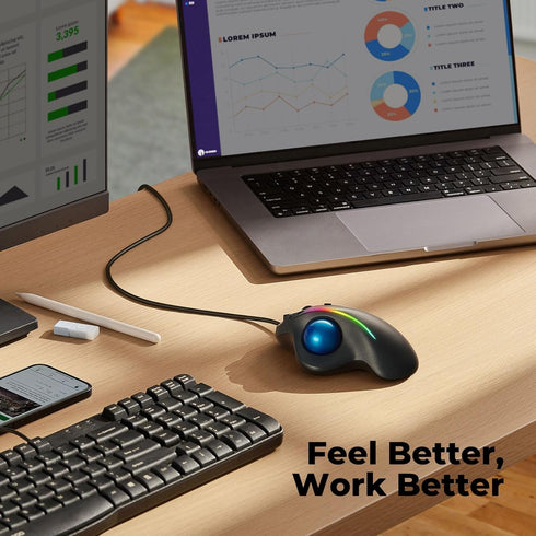 Trackball Mouse Wired, Ergonomic Design, USB Plug&Play, Precision Tracking with 5 Adjustable DPI, RGB Rollerball Mouse