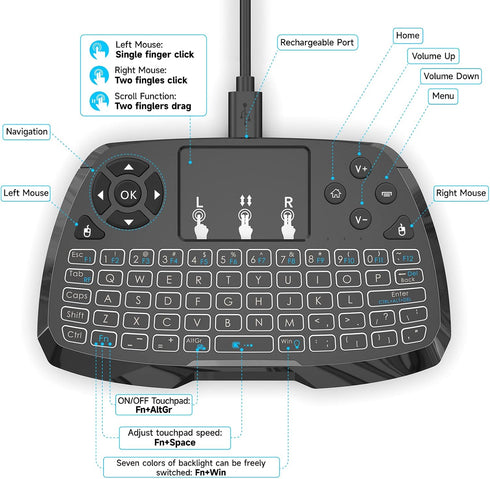 Miritz A3 -2.4GHz 7-Clolor TV/PS4/MacOS/Tablet Mini Keyboard with Touchpad & Bluetooth Dual-Mode, Backlit