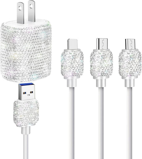 Bling USB Wall Charger with Charging Cable - Fast Block for iPhone Android, 3 in 1 Multi Cable with Crystal Decoration