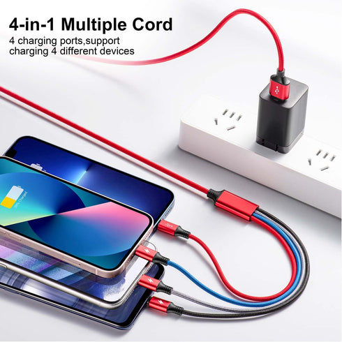 10Ft 2Pack Multi Charging Cable - Braided 4 in 1 USB Adapter for Cell Phones/Tablets, Compatible with IP/Type C/Micro