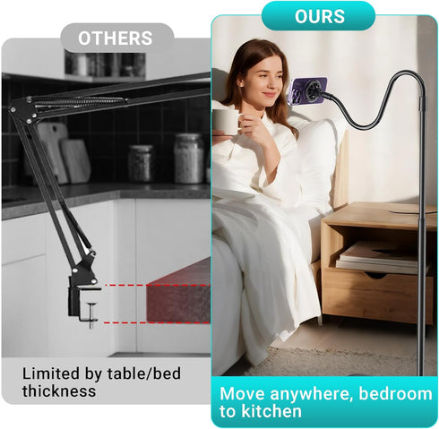 Kefotic Magnetic Gooseneck Phone Holder for Bed Laying Down, Height Adjustable Bedside Floor Stand with Flexible Arm