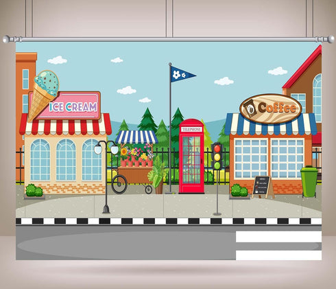 CORFOTO 10x6.5ft Fabric Town Street Backdrop Ice Cream Coffee Shop Red Phone Booth Urban Scene Photography Background