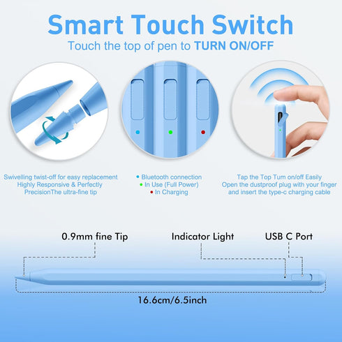 Uogic Stylus Pen for iPad, Active Pencil with 14Mins Fast Charging, Palm Rejection & Bluetooth, Compatible with