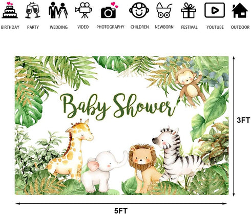 Safari Animals Baby Shower Backdrop 5x3ft Vinyl Multicolor Gold Jungle Baby Shower Background Party Banner