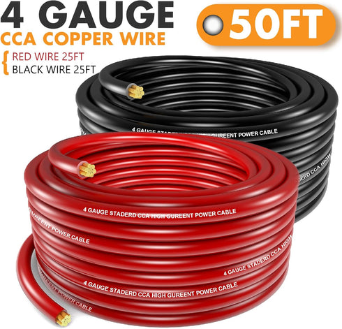 Jeemiter 4 Gauge Wire, 50ft Copper Clad Aluminum, Primary Automotive Wire, Battery Cable with Lugs Terminal Connectors
