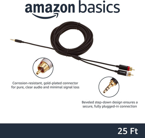 Amazon Basics 3.5 Aux to 2 x RCA Adapters, Audio Cable for Amplifiers, Active Speakers with Gold-Plated Plugs, 25 Feet/7.6 m, Black by Amazon Basics