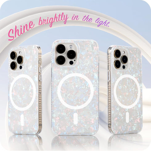 LONLI Hue iPhone 15 Pro Case - White Pearl Tort, Magsafe Compatible, 10FT Drop Protection, 4 Airbag Corners, Aesthetic