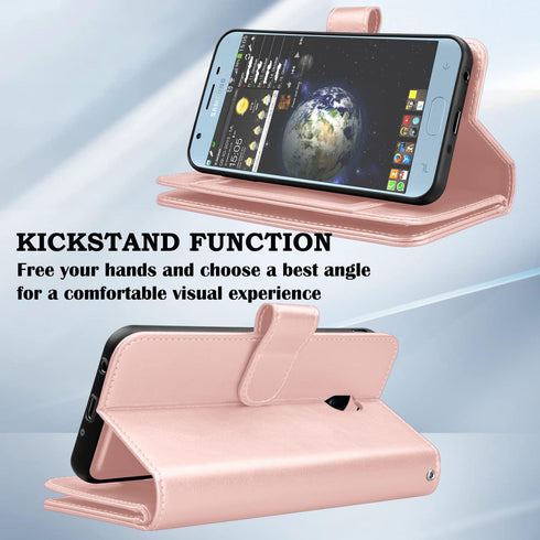 Takfox Galaxy J3 2018 Leather Wallet Case, Flip Folio with 9 Card Holder and Detachable Strap in Rose Gold