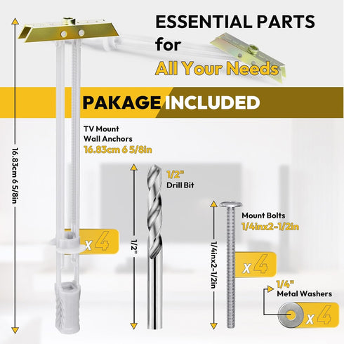 Steel Stud TV Mounting Kit, Metal Stud TV Mount Kit for Tilt & Low Profile TV, Drywall Anchors for TV Mounting Kit includes 4 Wall Anchors (1/4”) & Bolts, Steel Drill Bit and TV Mounting Hardware