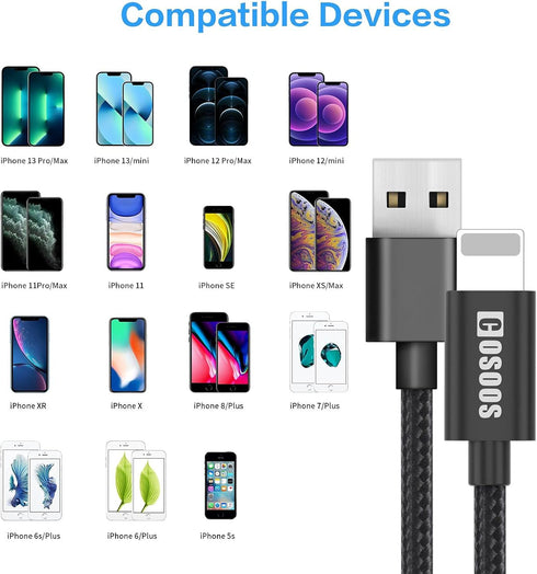 COSOOS Short Cables for Charging Station, 4 Pack Includes 2 iPhone Cables, 1 USB Type C, 1 Micro USB Cable