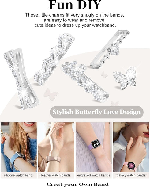 JR.DM Watch Charms for Women with Butterfly Studs, Compatible with Apple Watch Band 38mm-45mm, Silver