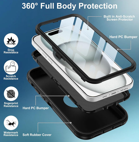 Shop Apple iPhone 15 Case - Heavy Duty, Full Body 3-Layer Rugged, Built-in Screen Protector, Shockproof, Dustproof,