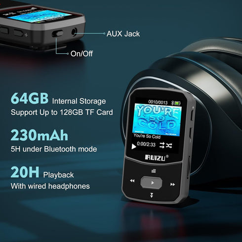 RUIZU 64GB Clip MP3 Player with Bluetooth 5.3, Portable Music Player with Voice Recorder, FM Radio, Black