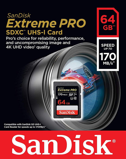 SanDisk Extreme Pro 64GB SDXC Card for Canon Camera Works with EOS R6, EOS R5 Class 10 (SDSDXXY-064G-GN4IN) Bundle with (1) Everything But Stromboli 3.0 SD Memory Card Reader