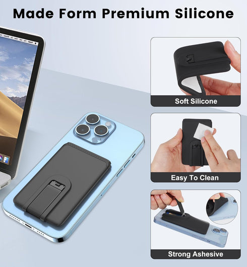 SHANSHUI Ultra Slim Phone Card Holder, Silicone Sticky Wallet Stand for Back of Phone, Black, Compatible with iPhone &