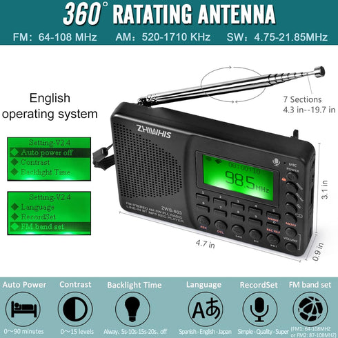 ZHIWHIS Portable Bluetooth Radio, FM AM Shortwave Radios with Sleep Timer and Preset Function, Rechargeable Digital Recorder, Stereo MP3 Player with Lyric Display, Support Micro SD Card and AUX
