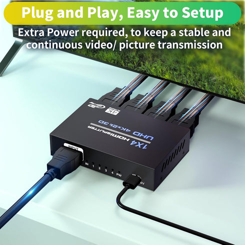 BolAAzuL HDMI Splitter 1 in 4 Out, 4K 30Hz Duplicator Adapter for 4 Displays, Supports Full HD 1080P, PS3, PS4,