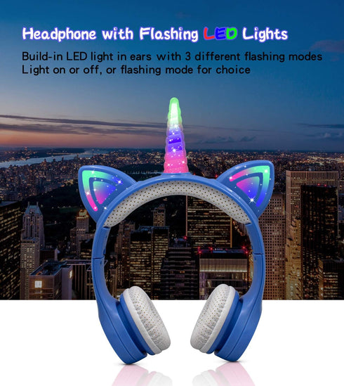 Unicorn Kids Bluetooth Headphones, 15 Hours Playtime, Toddler Bluetooth Headphones for Girls Boys, LED Light Up