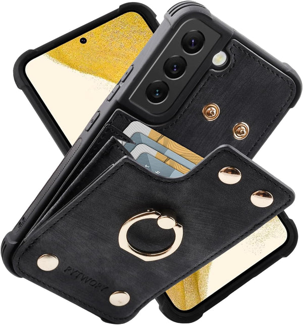 Compatible Galaxy S22 Wallet Case with Credit Card Holder, Shockproof Phone Cover with 360° Rotation Ring Stand