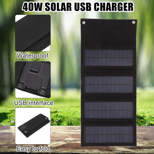 40W 4 Fold Solar Panel Charging Bag, Folding Bag for Outdoor Camping, Hiking, Emergency Charging (Black)
