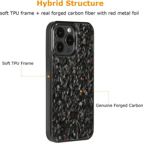 molzar Grip Series Case for iPhone 14 Pro Max, Real Forged Carbon Fiber, Wireless Charging Compatible (Glossy Black/Red)