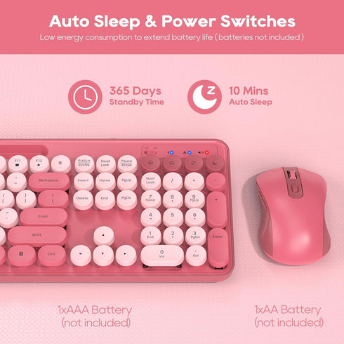 Wireless Keyboard and Mouse Combo, Retro Round Keycaps, Cute Full-Size Typewriter Keyboard with Phone Holder, 2.4GHz