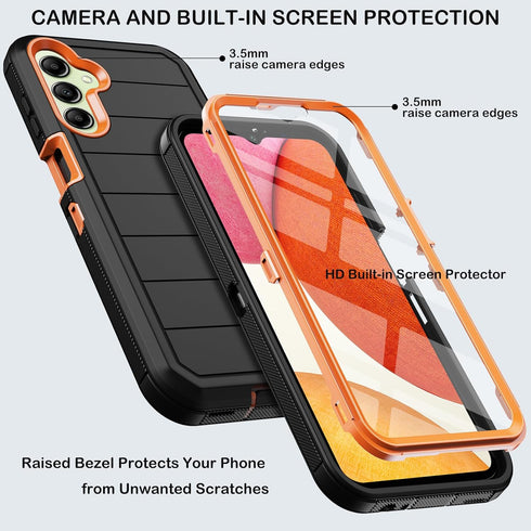 Samsung Galaxy A14 5G Case with Belt Clip Holster, Black/Orange, Built-in Screen Protector & Kickstand, Military Grade