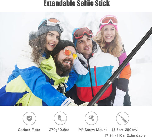 Sunydog 17.9-118in X2/X3, 1/4-20 Carbon Fiber Selfie Stick, Portable, Compatible with Tripod Mount, Thread, Black
