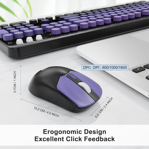 FOPETT 2.4G 104 Wireless Keyboard and Mouse Combo - Full-Sized Cute Colorful Mouse and Keyboard with Round Keys Retro