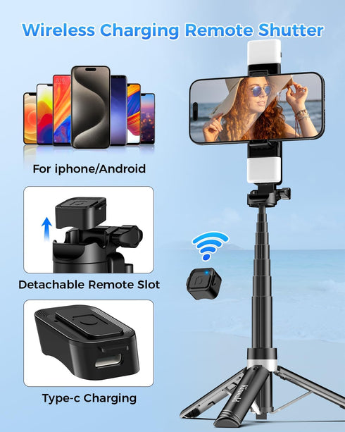 Kinwald 3-in-1 Phone Tripod with LED Lights & Remote, Extendable Selfie Stick Tripod Stand, Compact Portable
