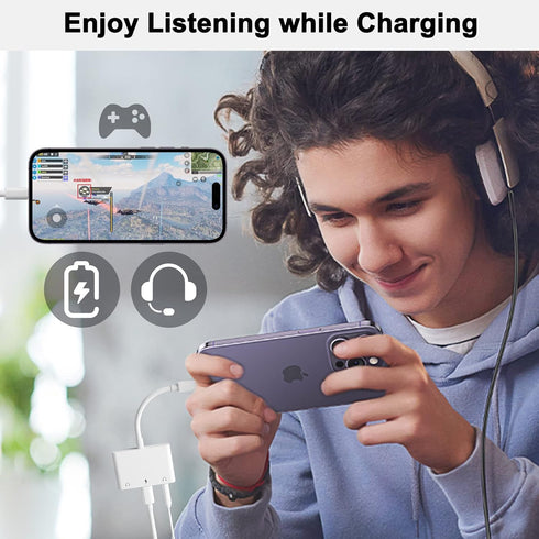 3 in 1 Dual 3.5mm Headphone Jack Adapter, Earphone Jack Audio and Charging Adapter, White