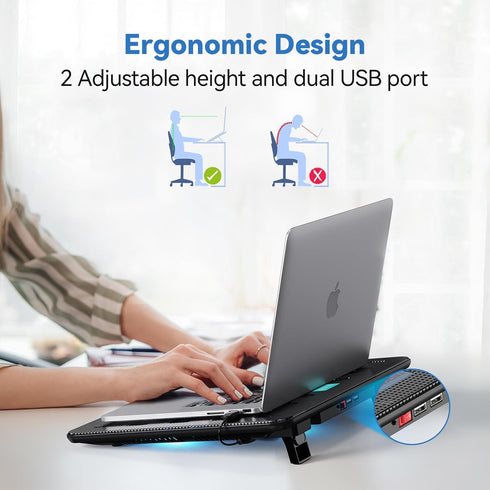 TECKNET Black Laptop Cooling Pad - Portable Slim USB Powered Stand with 3 Blue LED Fans, Fits 12-17 Inches