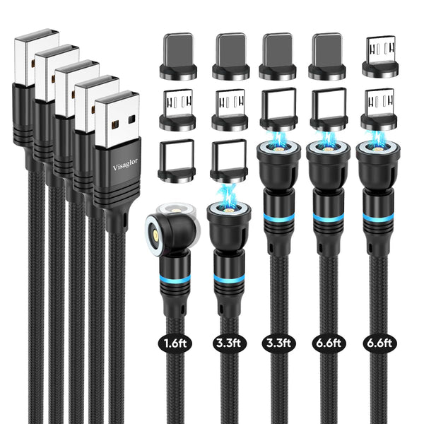 Magnetic Charging Cable 5-Pack (1.6/3.3/3.3/6.6/6.6FT) - 360° & 180° Rotating USB Magnetic Cable, Nylon-Braided