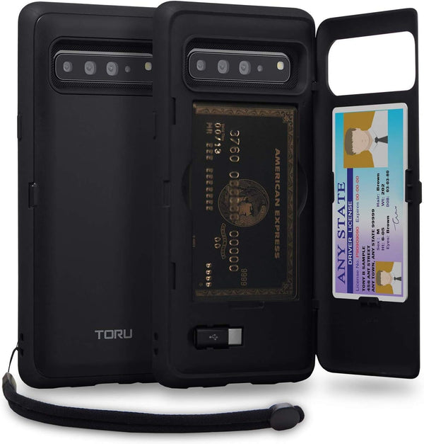 TORU CX PRO Case for Galaxy S10 5G with Card Holder, Slim Protective Cover, Hidden Wallet, Kickstand - Black